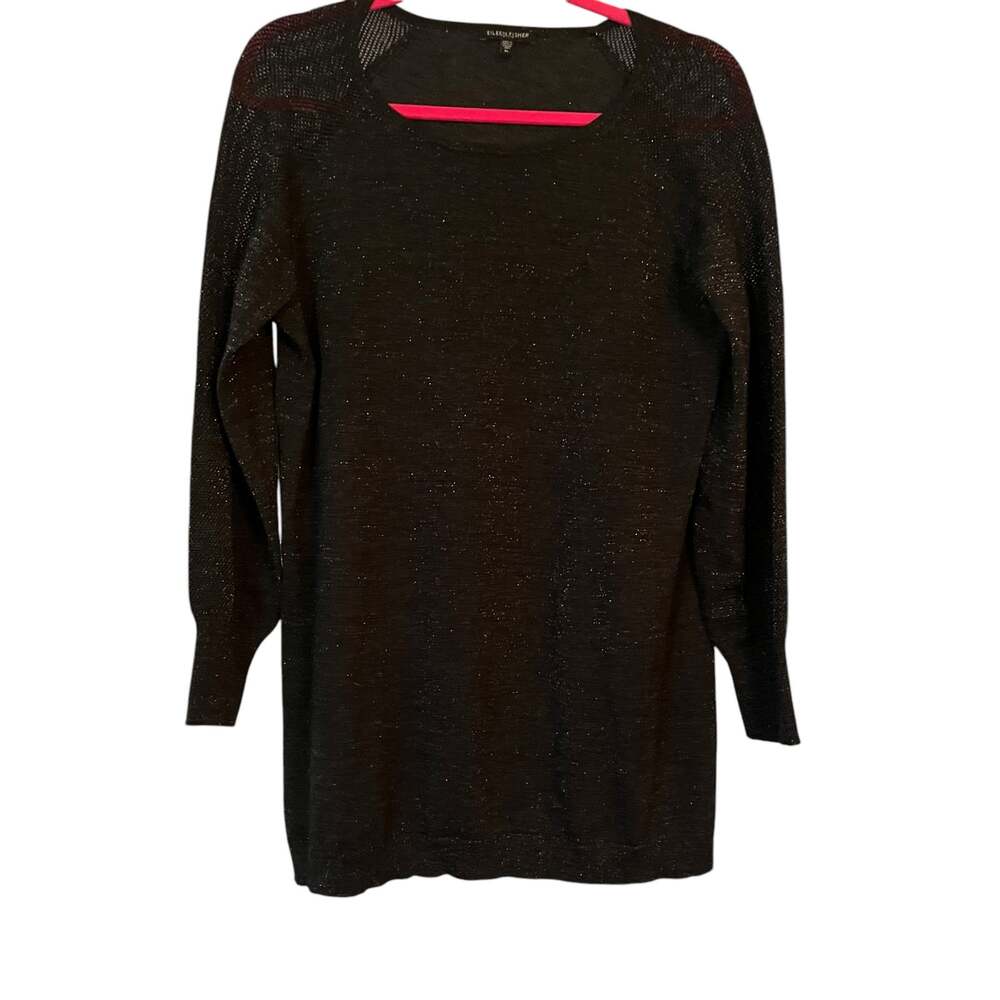 Eileen Fisher Black Metallic Sweater Light Knit PL Wool Blend Holidays Shimmery